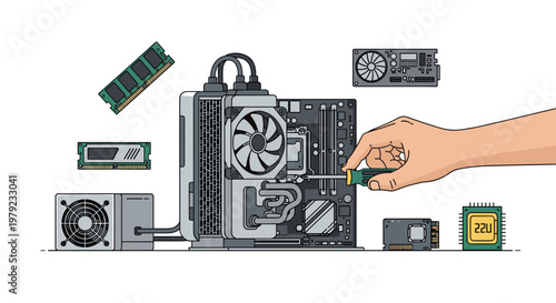 Detailed close-up of a human hand using a screwdriver to assemble computer hardware components on a motherboard within a clean and bright technical workstation.