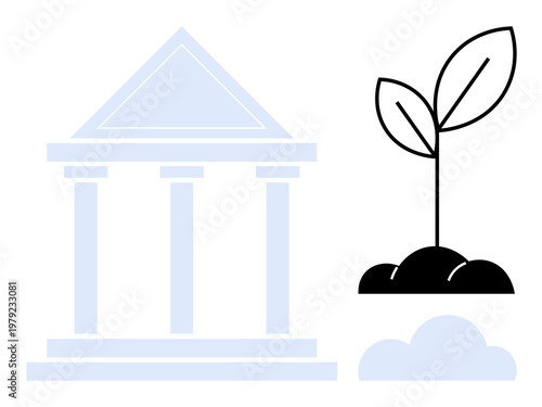 Environmental sustainability, economic growth, ecological awareness, financial institutions, nature conservation, and development. A building with columns next to a sprouting plant. Sustainability