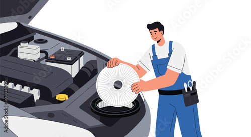 Skilled mechanic wearing blue overalls replacing a circular air filter within the engine compartment of a modern grey vehicle in a well-lit workshop setting.