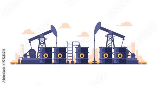 Two massive industrial oil pump jacks operate rhythmically beside a cluster of dark blue storage barrels in a vast, arid desert landscape at sunset.