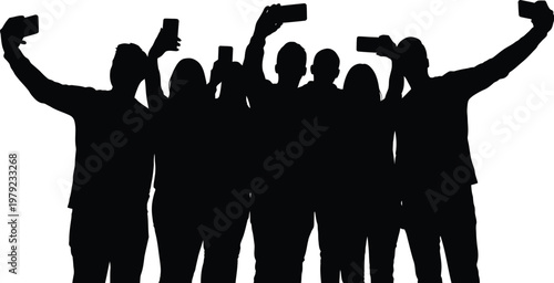 Silhouettes of a diverse group capturing moments with smartphones, symbolizing shared experiences, modern connection, and digital interaction