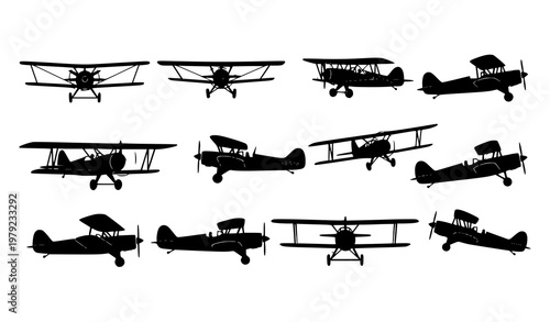 Biplane silhouette vector set in flat black style for aviation, retro, and travel design