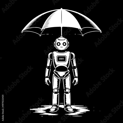 Robot holding umbrella on black background white illustration futuristic sci-fi
