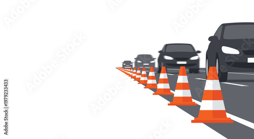 A long, receding line of bright orange traffic cones guides multiple cars along a grey asphalt road into the distant, hazy, and bright white horizon.