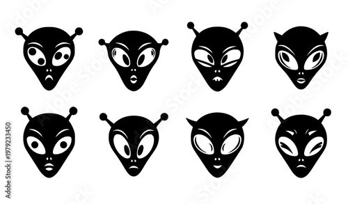 Decorative funny alien face silhouette vector illustration in bold black flat style for novelty designs