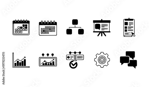 Project management web icons vector in modern line style with schedule tasks and team collaboration