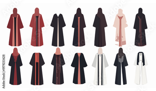 Abaya vector set with modern and traditional modest fashion dresses in flat illustration style