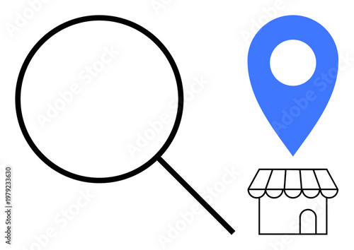 Local business search, location services, navigation tools, online directories, retail discovery, and geolocation. Magnifying glass, blue map pin and storefront icon. Local business search