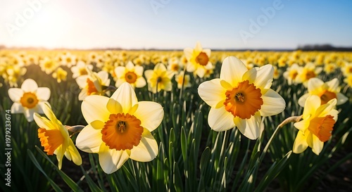 Vibrant Yellow Daffodils Blooming in a Sunny Spring Field with Golden Light and Blue Sky, Symbolizing New Beginnings and Natural Beauty
