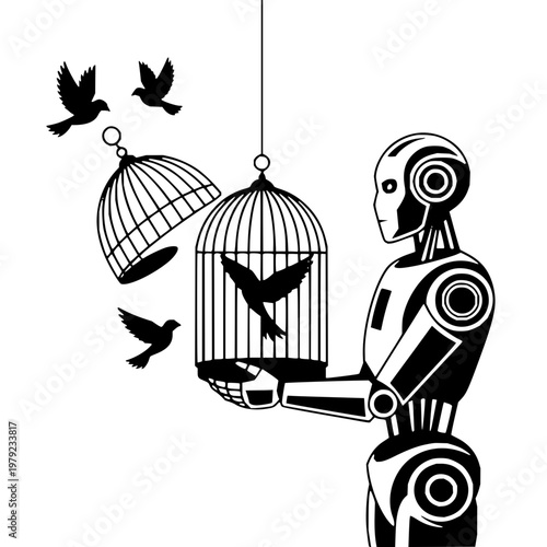 Robot holding birdcage with flying birds black and white bird illustration vector