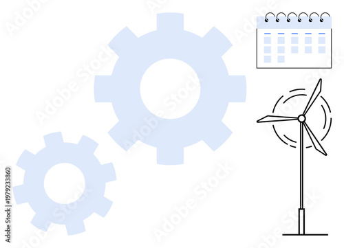 Renewable energy, scheduling, engineering, environmental planning, technology development, efficiency. Wind turbine with gears and calendar icon. Renewable energy and scheduling concept