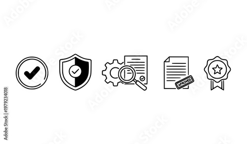 Quality assurance and verification line icons vector set for business process and inspection design