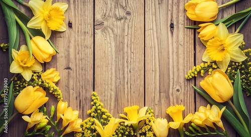 Vibrant Yellow Spring Flowers Border on Rustic Wooden Background with Copy Space, Ideal for Easter, Mother's Day, and Cheerful Greetings