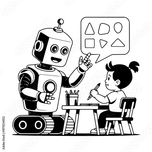 Robot teaching child shapes vector illustration learning education black and white