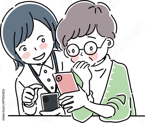 スマホを操作するシニアの女性と側で見守る女性のイラスト