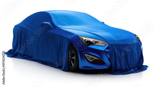 Blue fabric drapes over a sleek sports car, revealing headlights