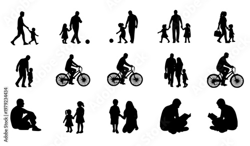 Family activities silhouettes vector set with parents and children in various daily actions