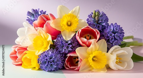 Cheerful Spring Flower Bouquet Featuring Daffodils, Tulips, and Hyacinths on a Soft Pastel Background