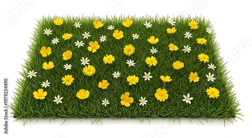 Lush Green Grass Patch with Vibrant Yellow and White Spring Flowers Isolated on White Background