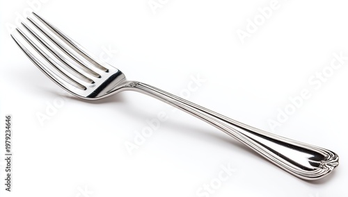 Shiny, four-pronged metal utensil with an ornate handle on white background