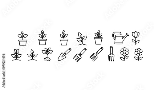Minimalist gardening icons vector set in line art style for plants and garden tools