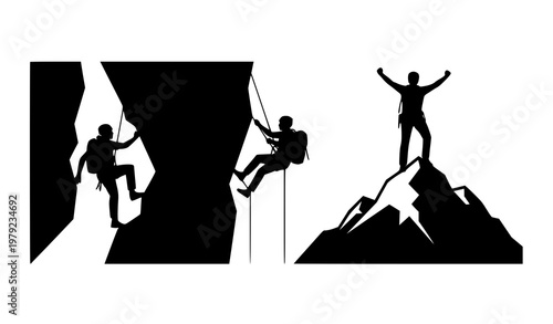 Alpinist and climbers line icons vector set in minimalist silhouette style for outdoor activity