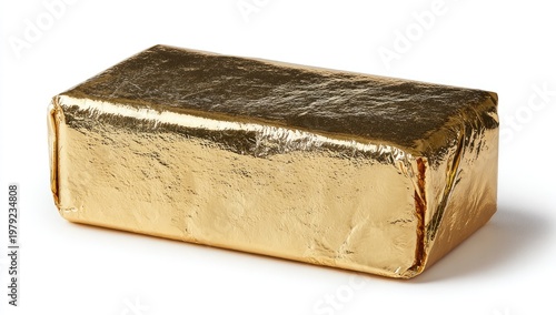 Golden-wrapped bouillon cube against white background