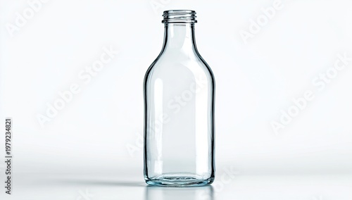 Clear glass bottle with slender neck and curved body on white background