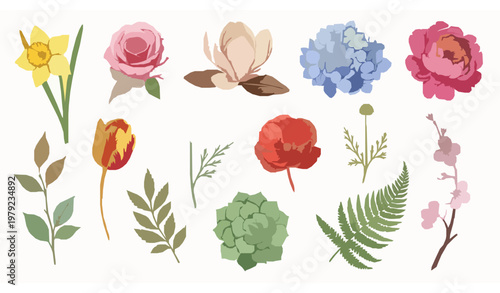 Watercolor floral vector collection with daffodil, magnolia, tulip, and peony for wedding and stationery