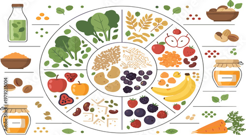 Balanced Diet Plate with Fruits Vegetables Grains Nuts and Honey Showing Healthy Nutrition Portions for Clean Eating Lifestyle Illustration.