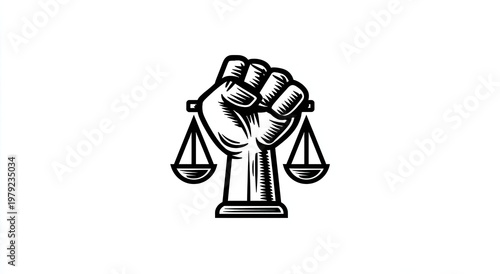 A clenched fist holding scales of justice, symbolizing power and fairness