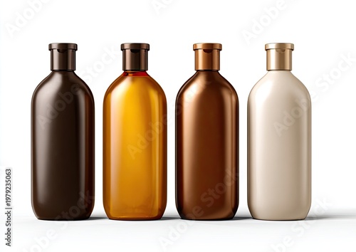 Four sleek bottles of varying shades of brown and beige, capped and lined up