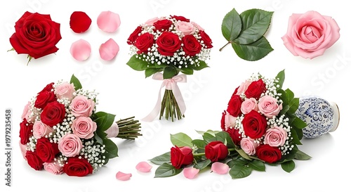 Romantic Red and Pink Rose Bouquets, Loose Petals, and Leaves Collection Isolated on White Background for Love and Celebration