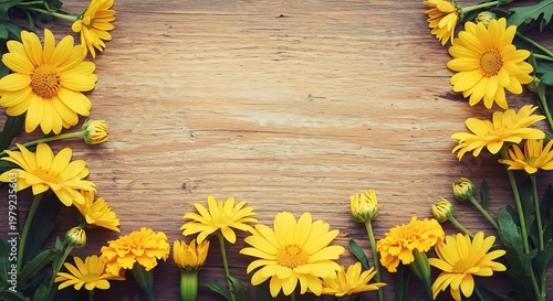 Cheerful Yellow Flowers & Green Leaves Framing Rustic Wood Background. Vibrant Floral Border, Top View. Perfect for Spring, Summer, or Natural Desi...