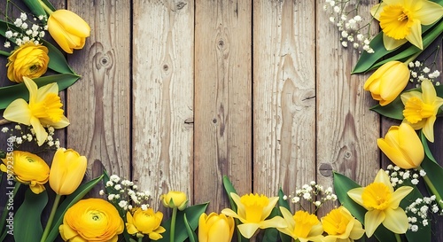 Vibrant Yellow Spring Flowers Framing Rustic Wooden Background with Copy Space, Perfect for Easter, Mother's Day, or Celebration Greetings