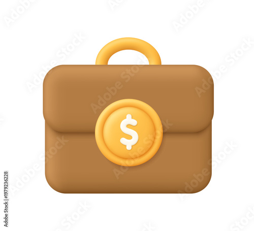 Business briefcase with gold dollar coin. Business, investment, banking, wealth management and corporate finance concept. 3d vector icon. Cartoon minimal style.