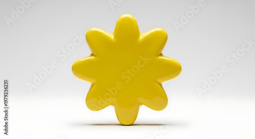 Vibrant Yellow Glossy Eight-Pointed Star Shape 3D Rendered on Clean White Background, Abstract Playful Design Element