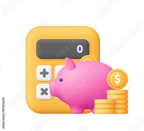 Yellow calculator with pink piggy bank and stacked coins. Banking, accounting, investment planning, money saving and personal finance management concept. 3d vector icon. Cartoon minimal style.