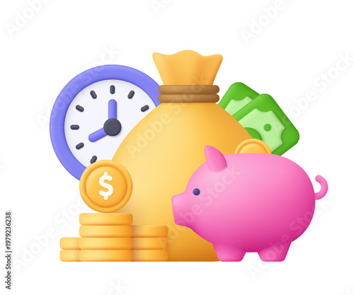 Piggy bank, money bag, coins, cash banknotes and clock. Savings, financial planning, budgeting, time management, investment growth and personal finance concept. 3d vector icon. Cartoon minimal style.