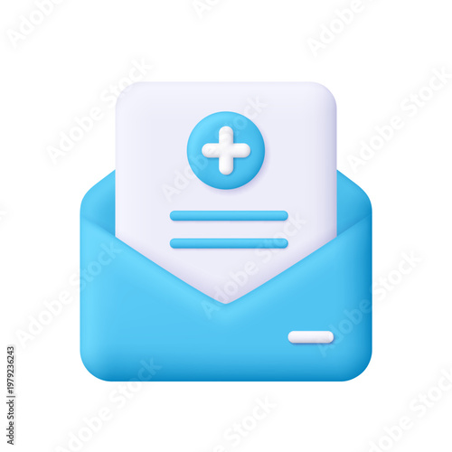 Blue envelope and document with medical plus sign. Hospital notification, medical report, medical email, health message and digital communication concept. 3d vector icon. Cartoon minimal style.