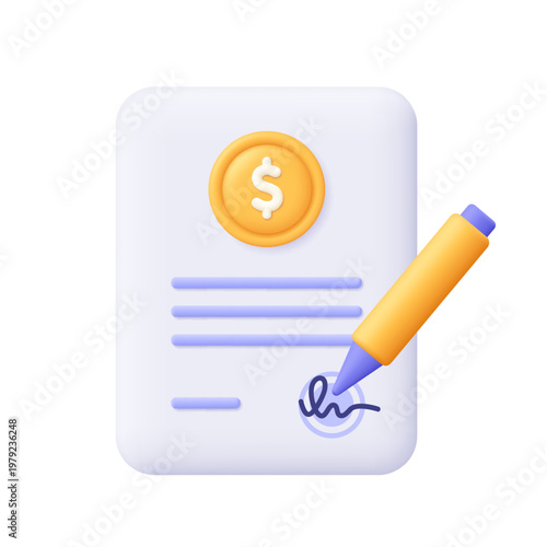 Financial document with gold coin and pen signing. Business report, contract signing, project development, finance, loan and payment approval concept. 3d vector icon. Cartoon minimal style.