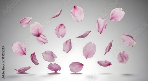 Delicate Pink Flower Petals Gracefully Falling and Floating Against a Soft Gradient Background, Evoking Springtime Serenity and Natural Beauty