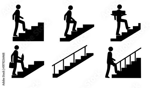 Man stairs silhouette icon set climbing descending steps vector