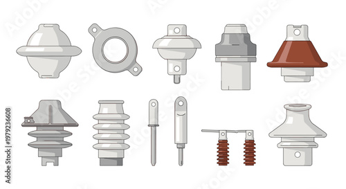 A diverse collection of various grey and brown electrical insulators and specialized hardware components are arranged neatly in two rows on white.