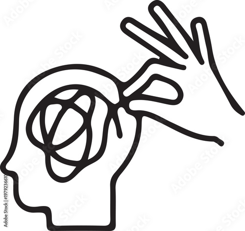 Hand untangling thought process inside head silhouette symbolizing problem solving and mental clarity confusion solution understanding psychology