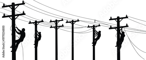 Electric line workers silhouettes climbing utility poles repairing power lines, electricity maintenance concept, technicians at work on transmission network isolated on white background
