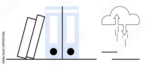 Data storage concept. Physical folders alongside digital cloud computing symbols to illustrate data storage, organization, and accessibility. Data storage for businesses, IT, file systems