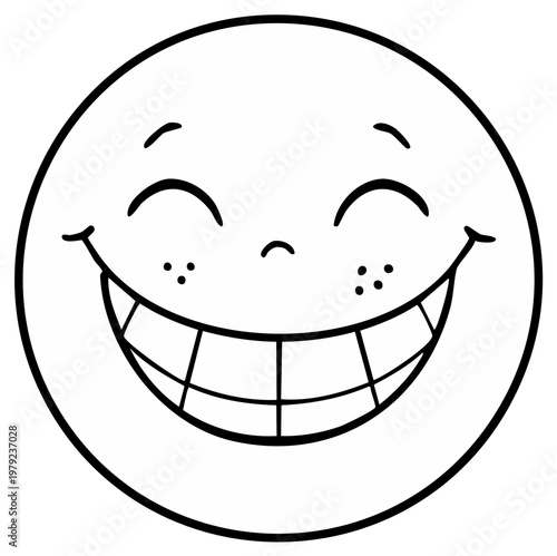 Cartoon smiling face outline with closed eyes, showing teeth and freckles