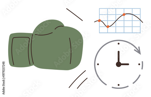 Strategy, time management, performance analytics, business productivity, goal setting, challenge concepts. Green boxing glove, line graph and clock symbols. Strategy and time management concept
