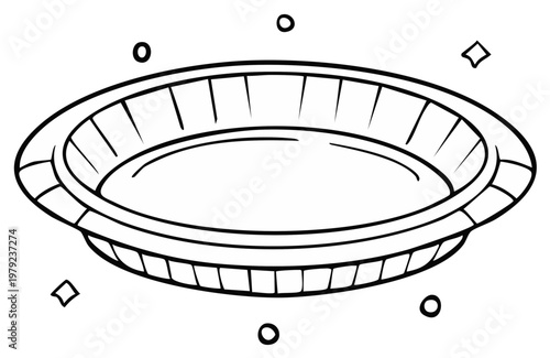 Empty Paper Plate Illustration, Isolated Dish for Food Service or Picnic, Simple Black and White Drawing with Decorations